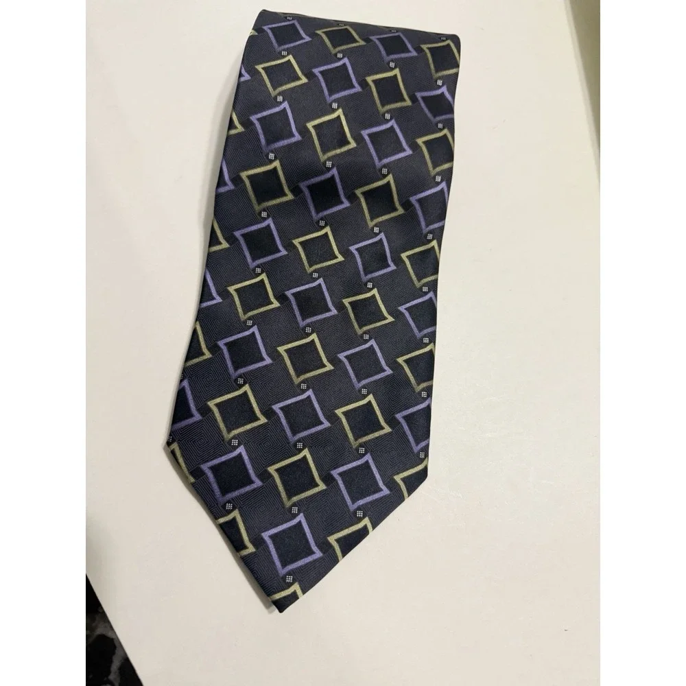 Covington Mens Silk Tie Navy Purple Gold Geometric Square Pattern Formal Necktie